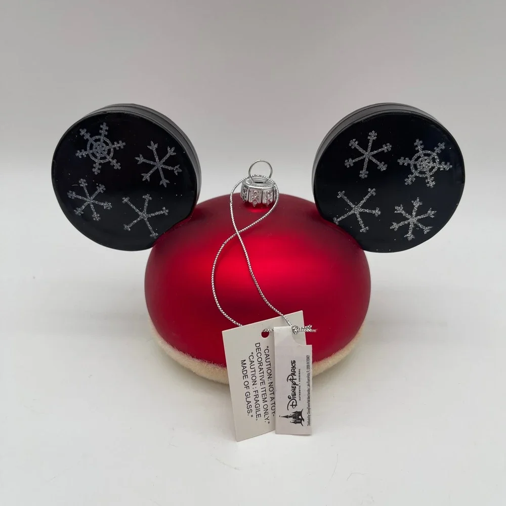 Disney Parks Mickey Mouse Ear Hat Glass Christmas Ornament Red Snowflake NEW